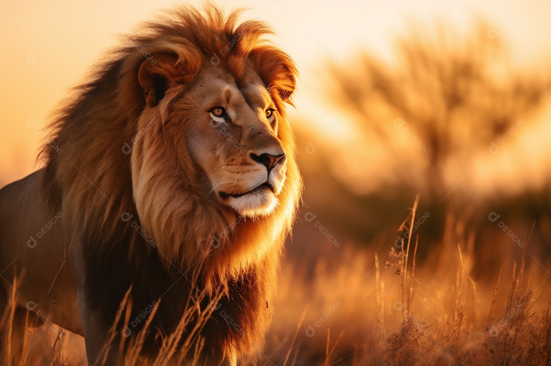 Leão macho adulto em pé na savana africana