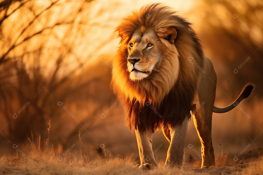 Leão macho adulto em pé na savana africana