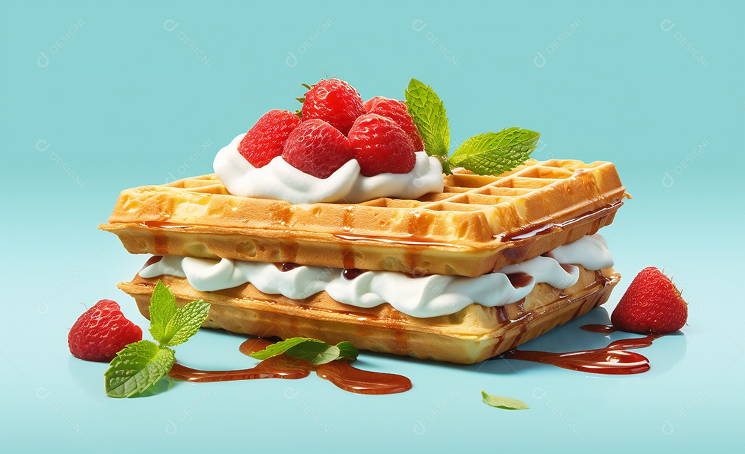 Delicioso waffle belga com framboesas