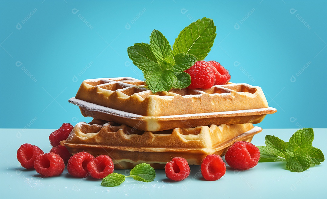 Delicioso waffle belga com framboesas