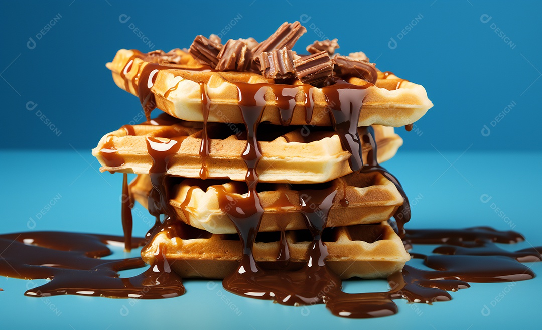 Delicioso waffle belga com calda de chocolate