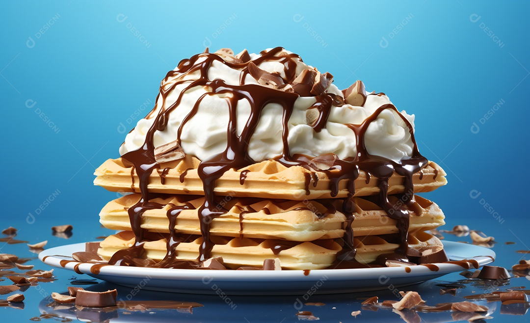Deliciosos waffle belga com sorvete e calda de caramelo