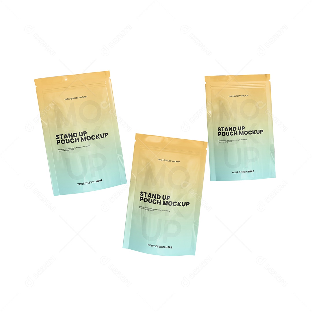 Mockup Embalagem de Três Pouch Brilhosos PSD Editável