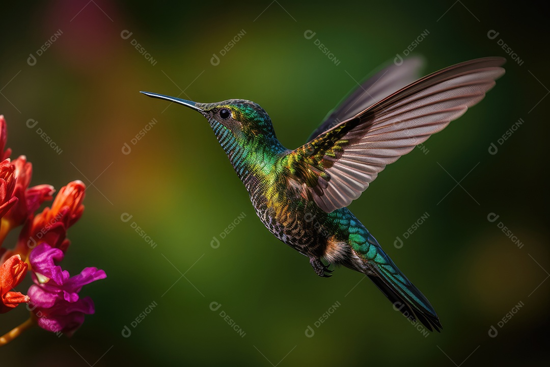 Colibri iridescente em meio às flores exuberantes.