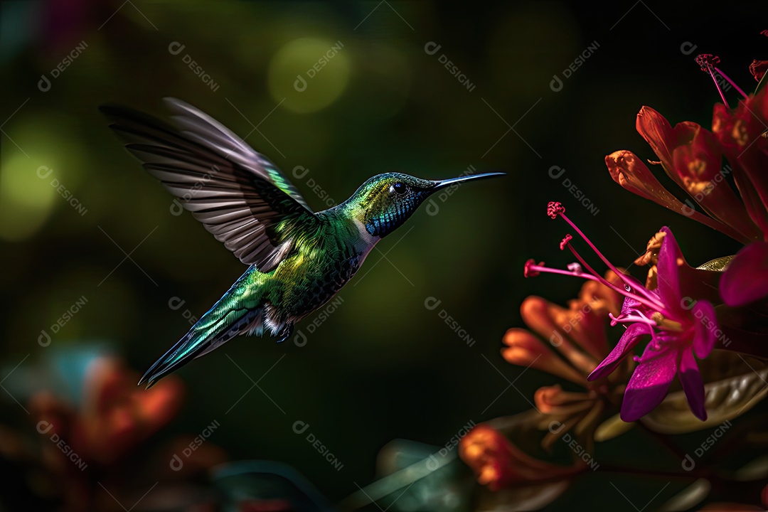 Colibri iridescente em meio às flores exuberantes.