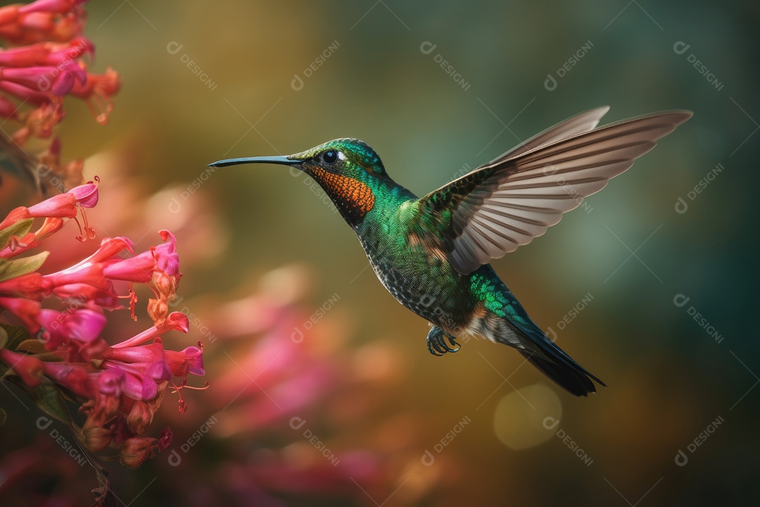 Colibri iridescente em meio às flores exuberantes.