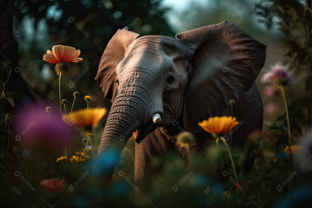 Elefante fofo jogando no campo florido com borboletas.