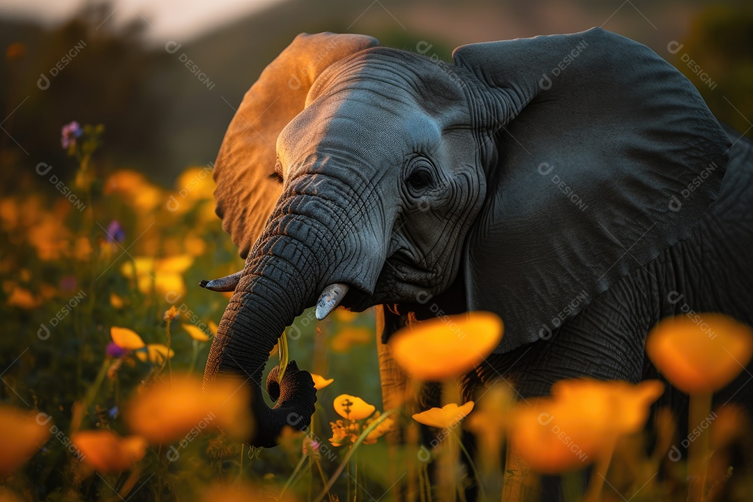 Elefante fofo jogando no campo florido com borboletas.