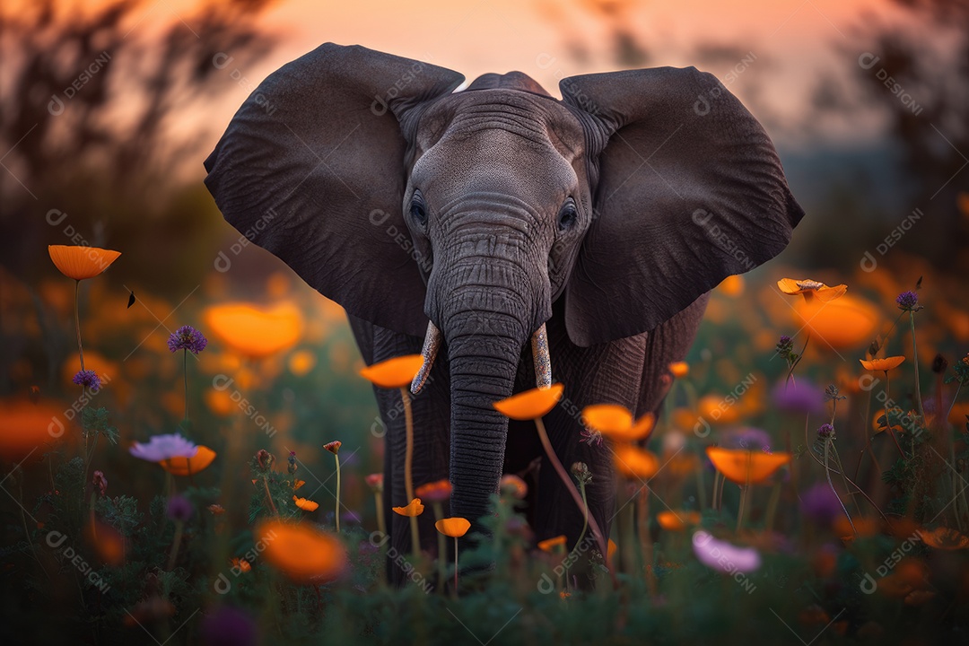 Elefante fofo jogando no campo florido com borboletas.