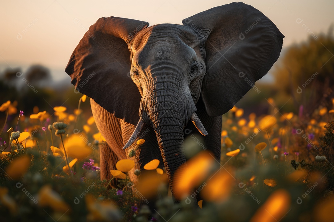 Elefante fofo jogando no campo florido com borboletas.