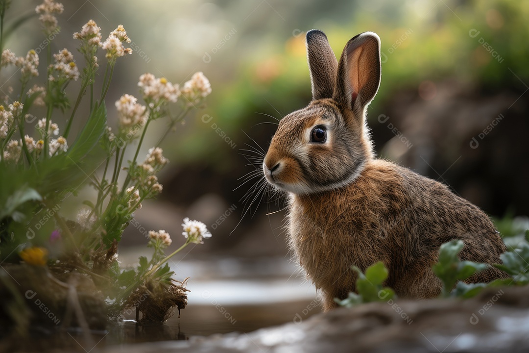 Coelho fofo entre flores na paisagem serena.