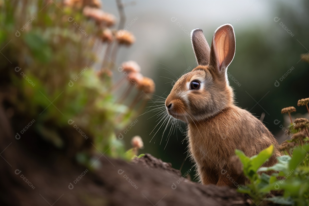 Coelho fofo entre flores na paisagem serena.