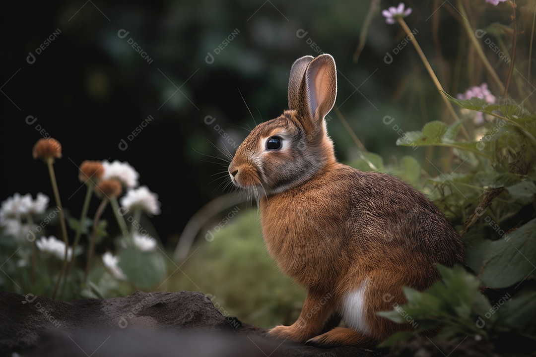 Coelho fofo entre flores na paisagem serena.