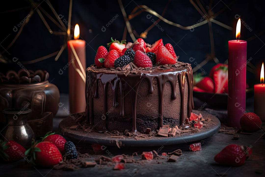Bolo de chocolate com morangos e velas coloridas