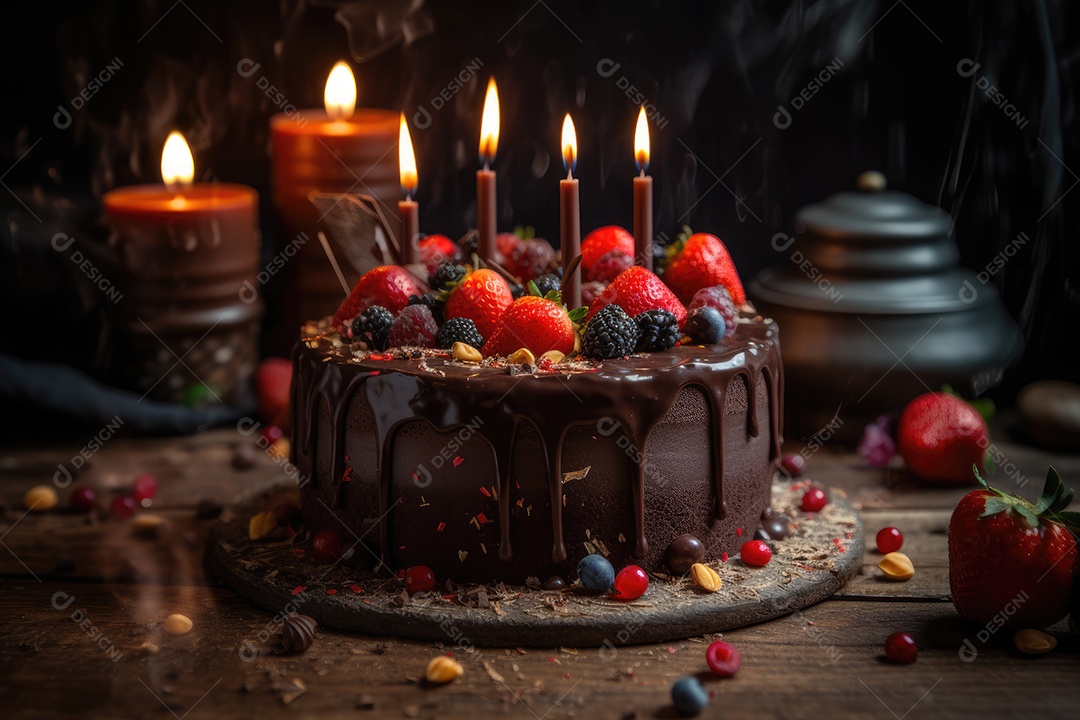Bolo de chocolate com morangos e velas coloridas