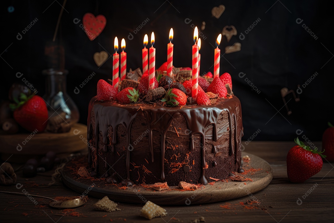 Bolo de chocolate com morangos e velas coloridas