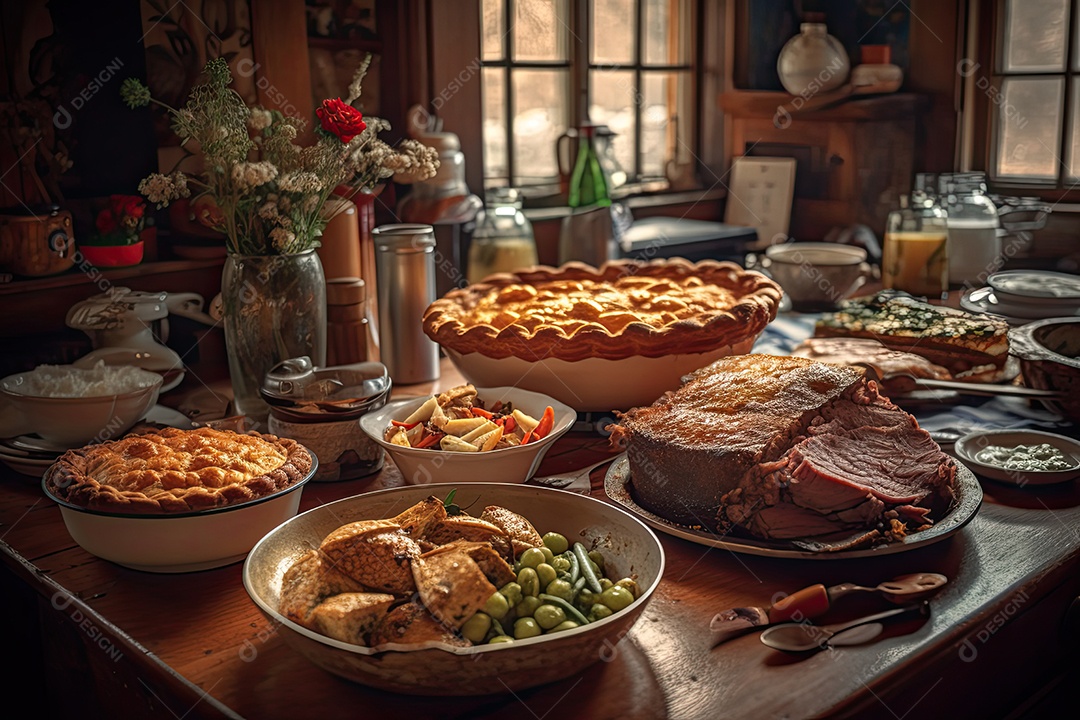 Festa caseira abundante, cores apetitosas, cozinha aconchegante
