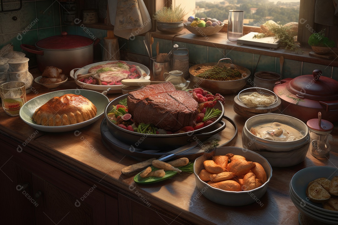 Festa caseira abundante, cores apetitosas, cozinha aconchegante