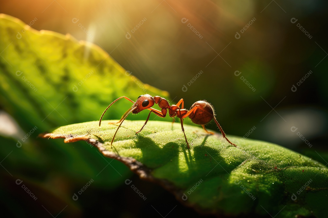 Formiga diligente carregando folha gigante em floresta exuberante.