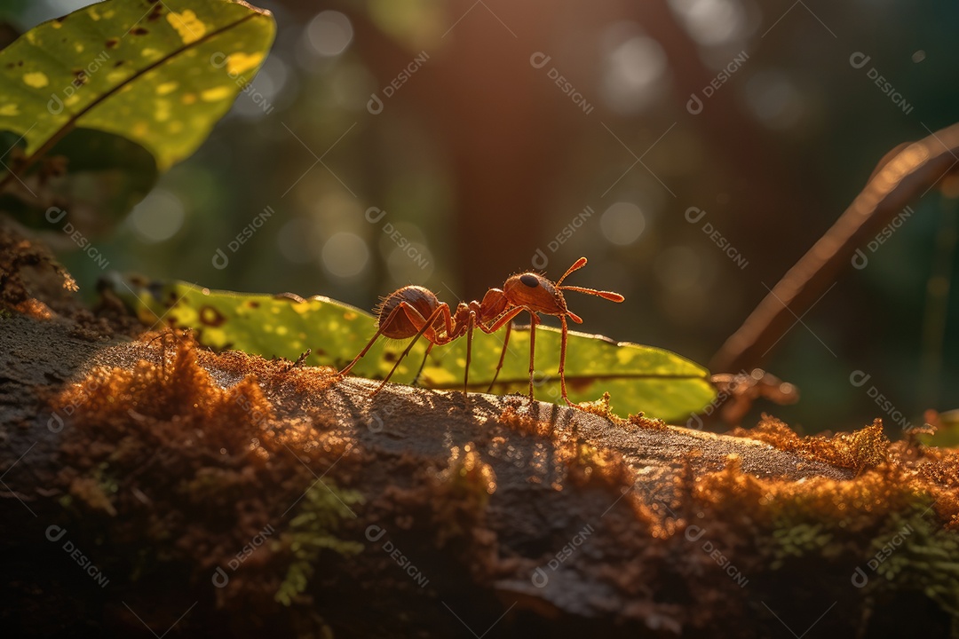 Formiga diligente carregando folha gigante em floresta exuberante.