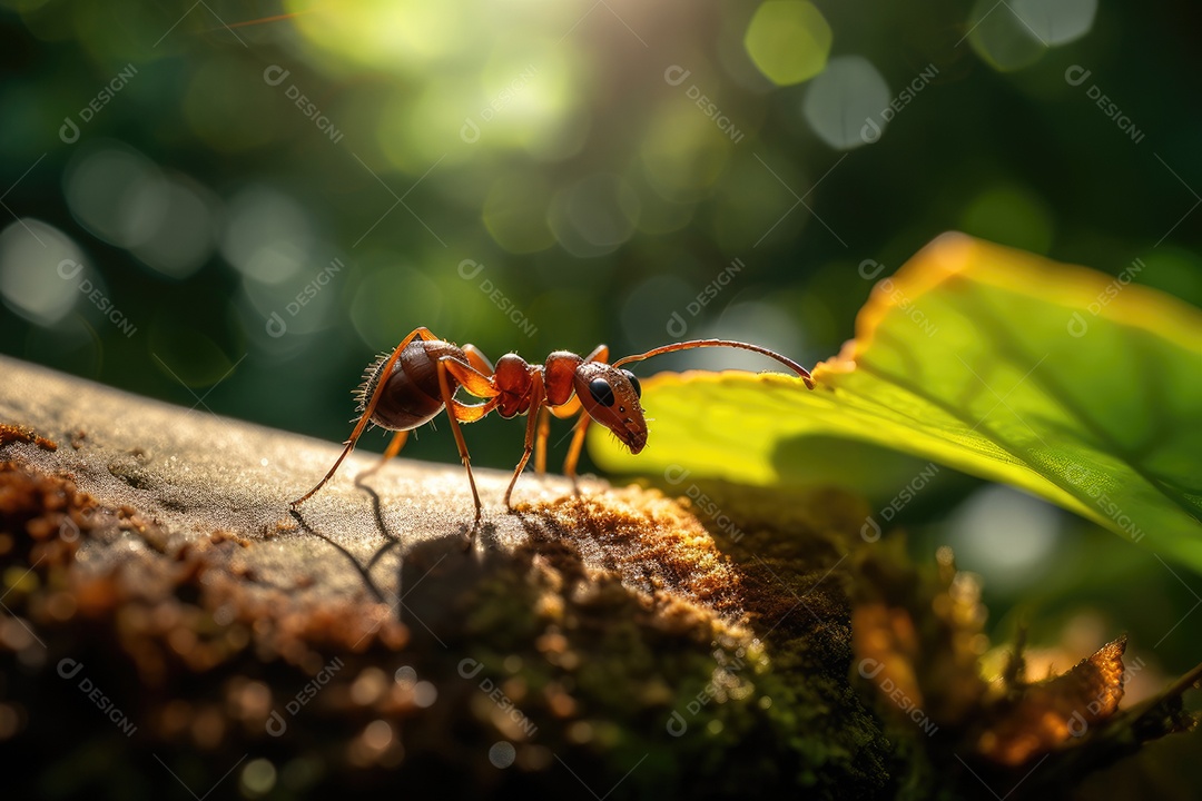 Formiga diligente carregando folha gigante em floresta exuberante.