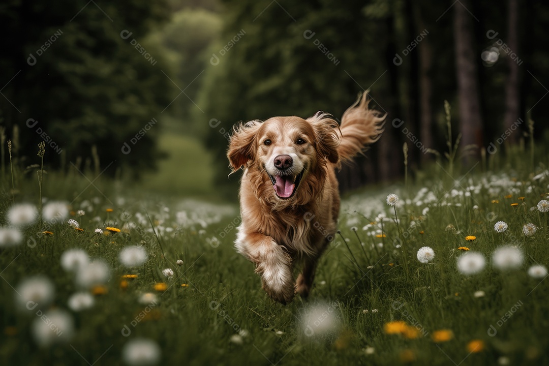 Golden retriever jogando no campo com flores