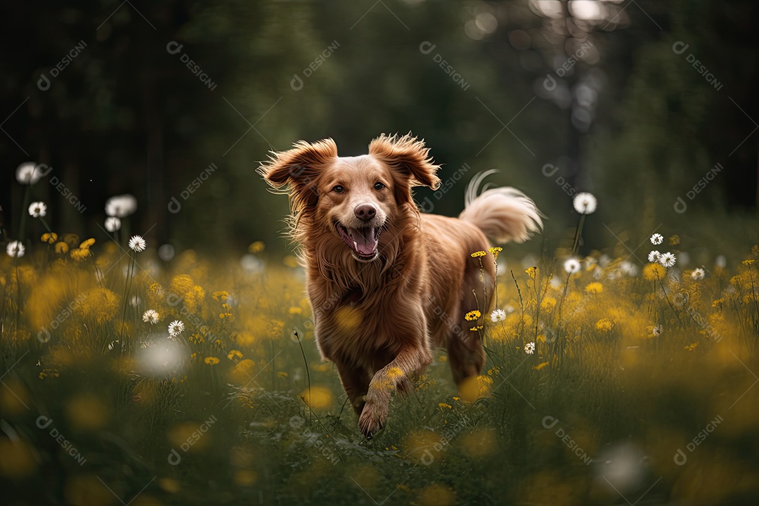 Golden retriever jogando no campo com flores