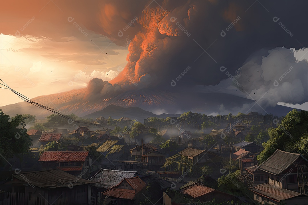 Vulcão em erupção, destruição iminente.