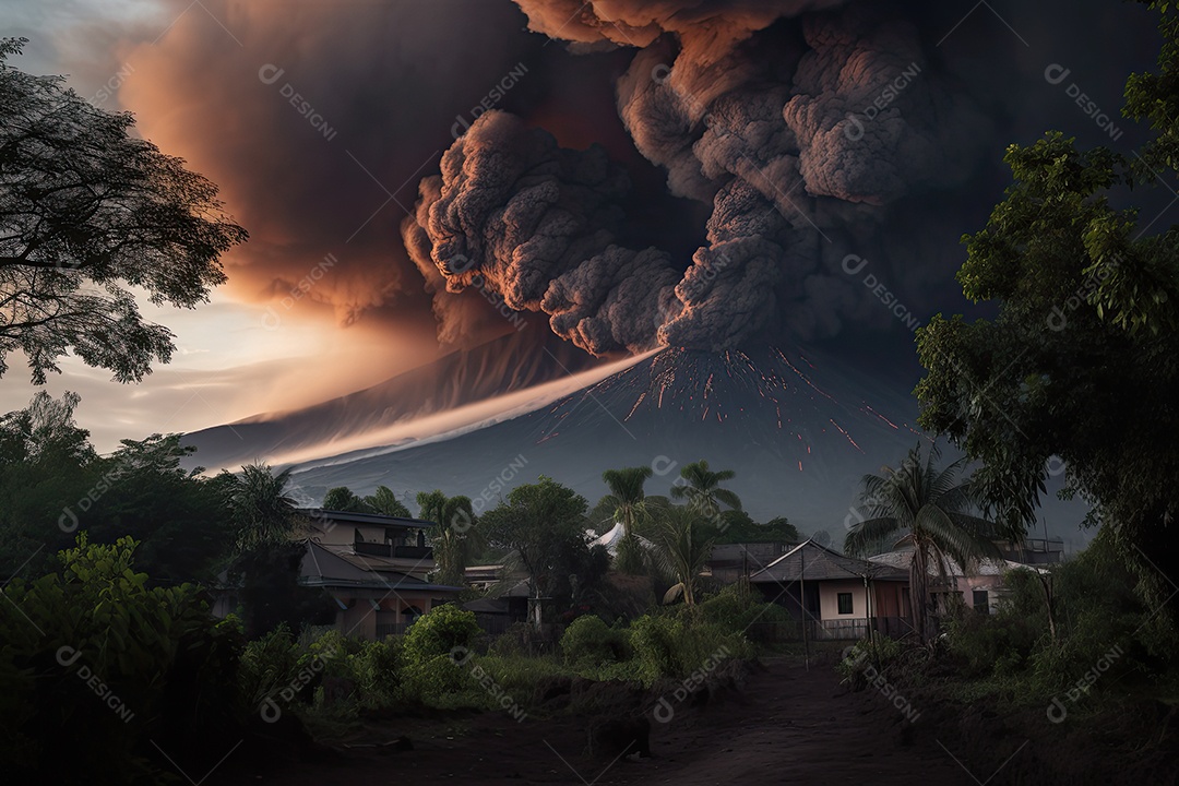 Vulcão em erupção, destruição iminente.