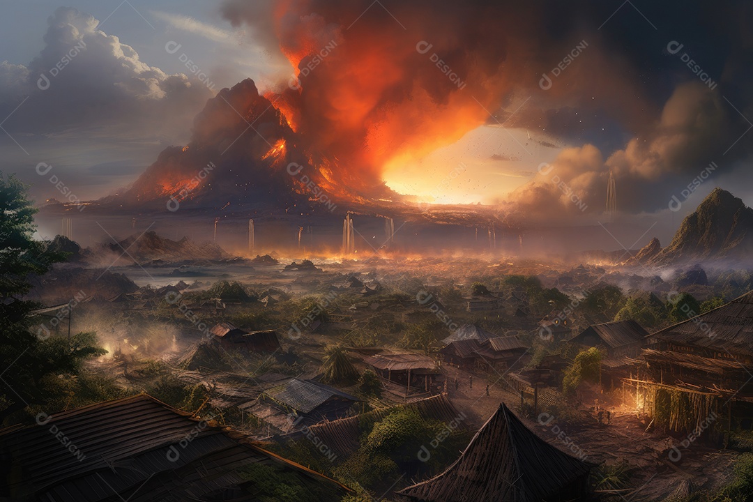 Vulcão em erupção, destruição iminente.