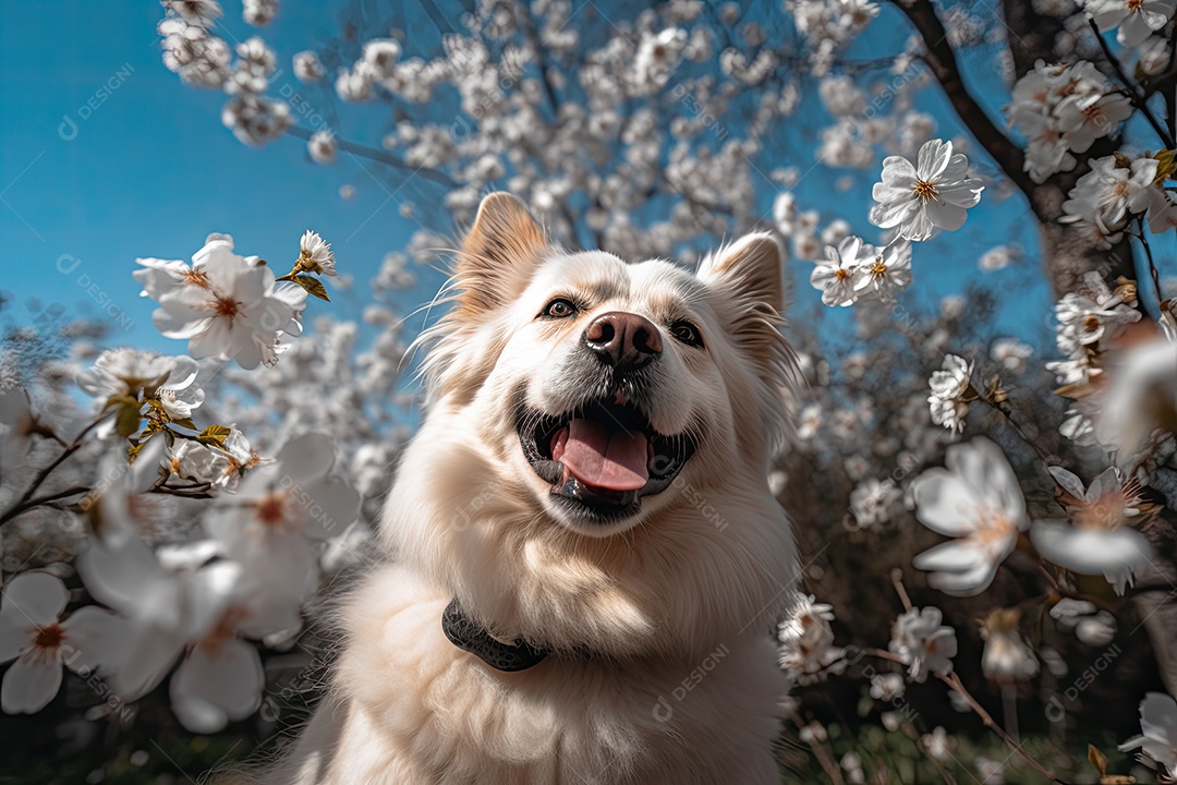 Filhote de cachorro bonito no jardim florido com borboletas.