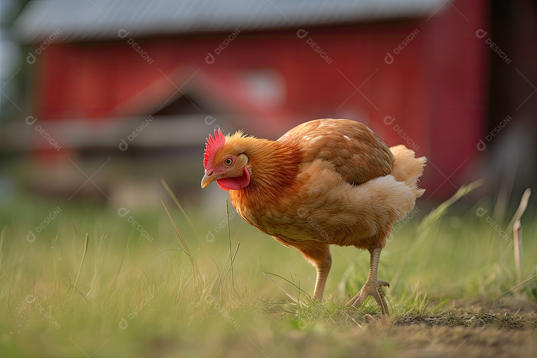 Galinha dourada coçando no celeiro com filhotes.