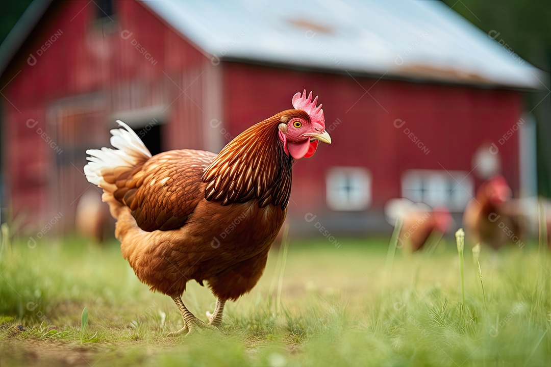 Galinha dourada coçando no celeiro com filhotes.