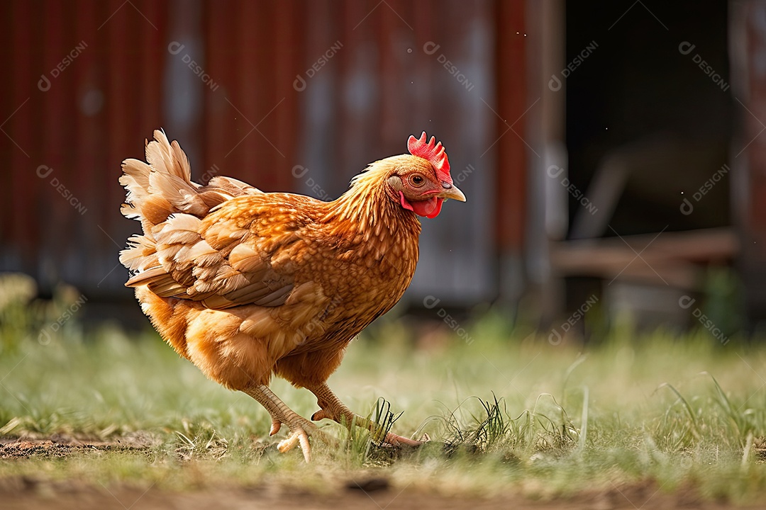 Galinha dourada coçando no celeiro com filhotes.