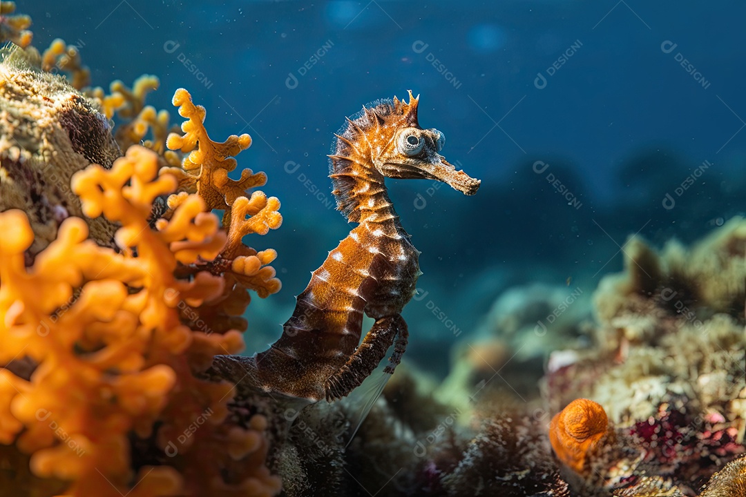 Cavalos-marinhos nadando entre corais vibrantes e peixes curiosos.