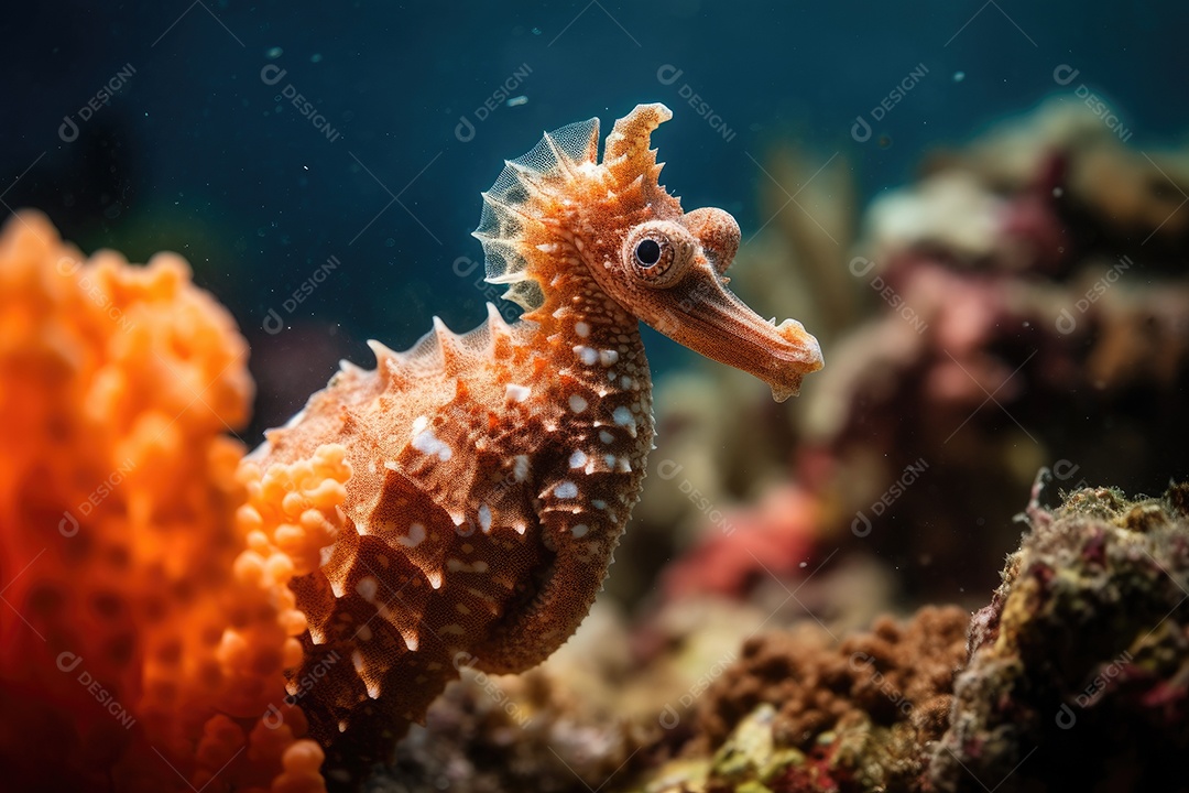 Cavalos-marinhos nadando entre corais vibrantes e peixes curiosos.