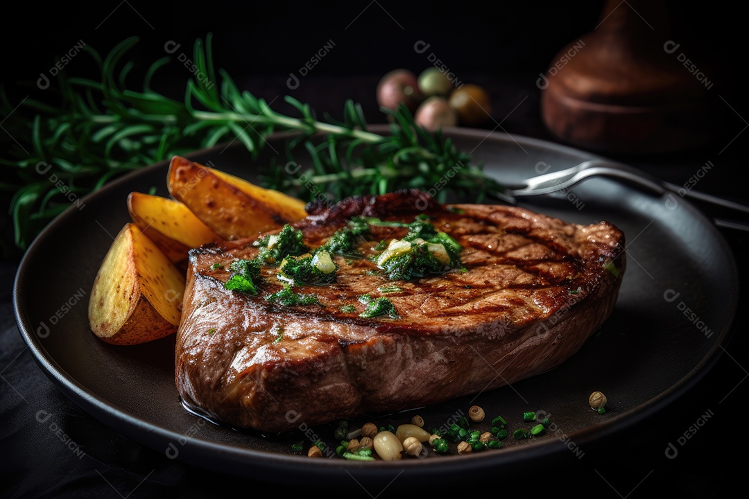 Suculento bife grelhado com crocante de batatas rústicas