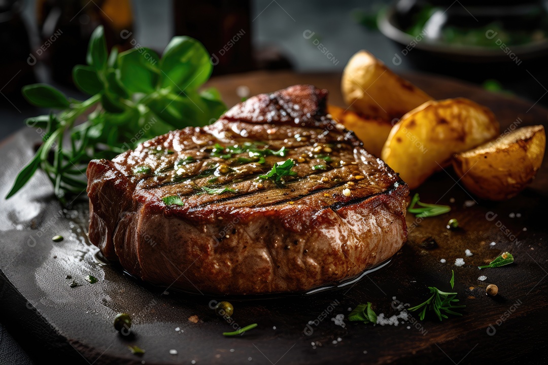 Suculento bife grelhado com crocante de batatas rústicas