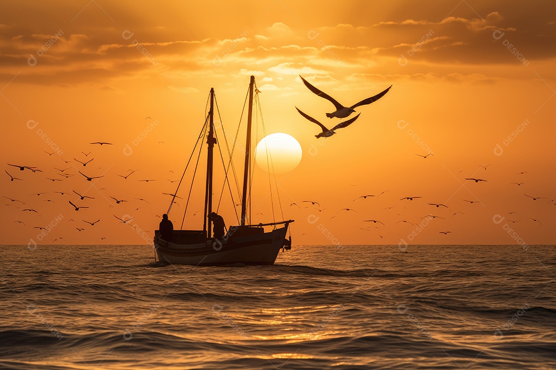 Pôr do sol em alto mar, com barco e pescador.