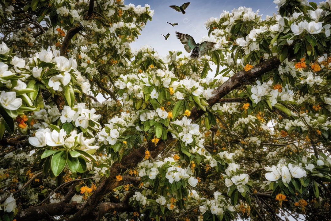 Exuberante abacateiro em flor, abundantes frutos verdes. Borboletas e pássaros dançam ao redor.