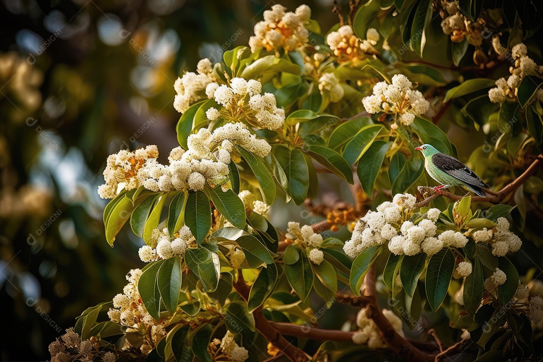 Exuberante abacateiro em flor, abundantes frutos verdes. Borboletas e pássaros dançam ao redor.