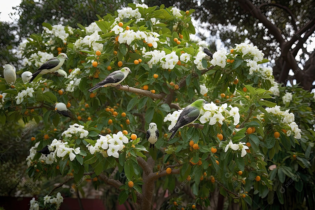 Exuberante abacateiro em flor, abundantes frutos verdes. Borboletas e pássaros dançam ao redor.