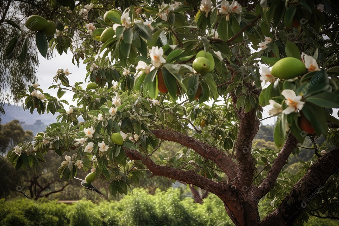 Exuberante abacateiro em flor, abundantes frutos verdes. Borboletas e pássaros dançam ao redor.