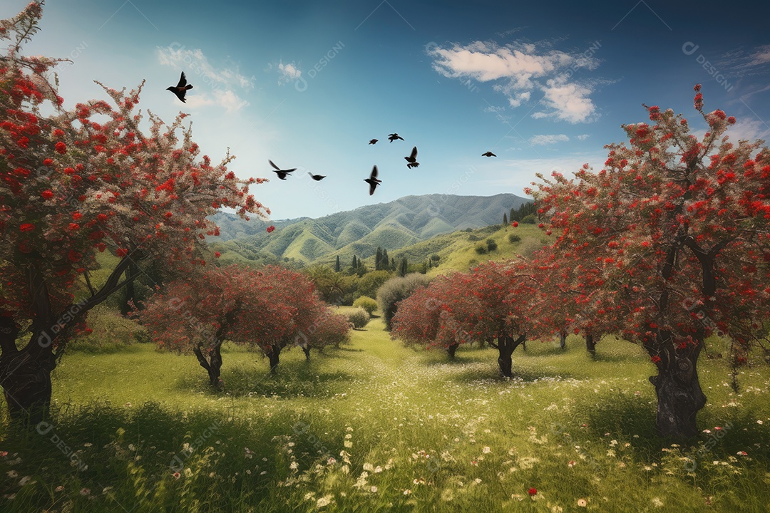 Cerejeiras em flor, rodeadas de montanhas.