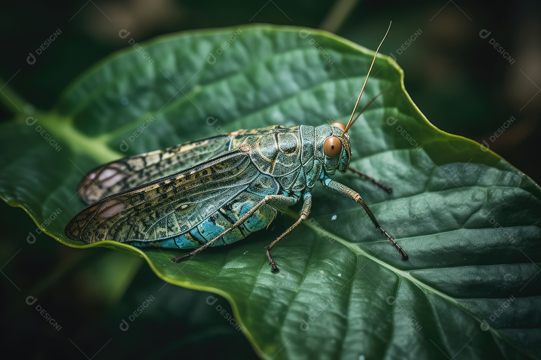 Gafanhoto sereno em jardim exuberante.