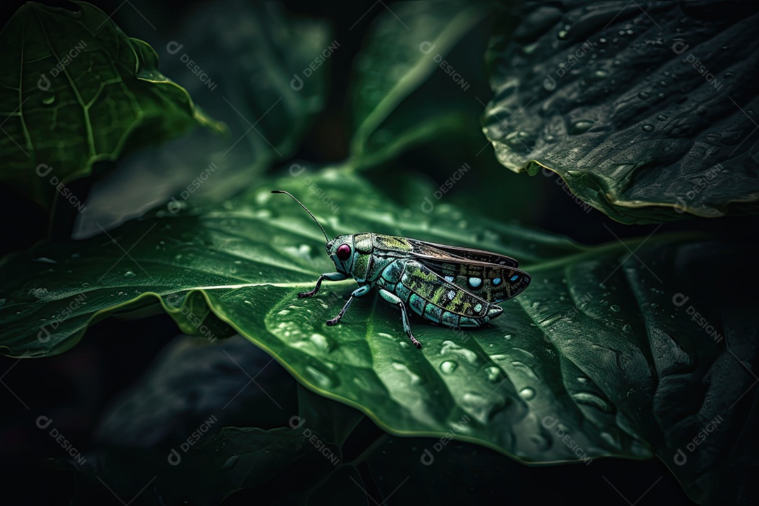 Gafanhoto sereno em jardim exuberante.