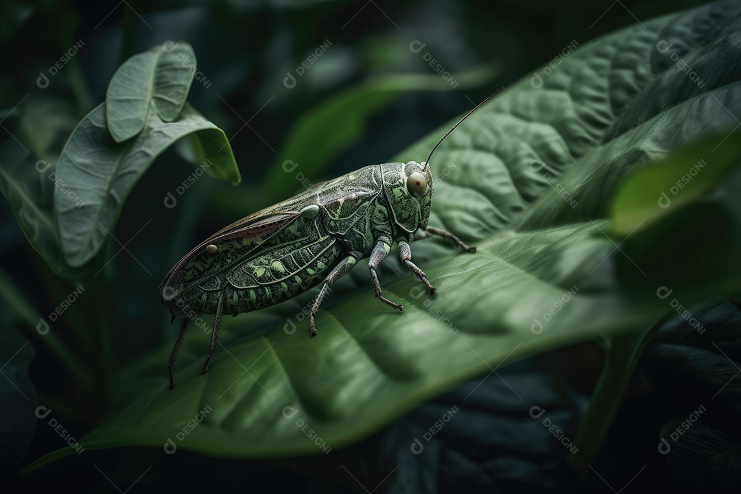 Gafanhoto sereno em jardim exuberante.