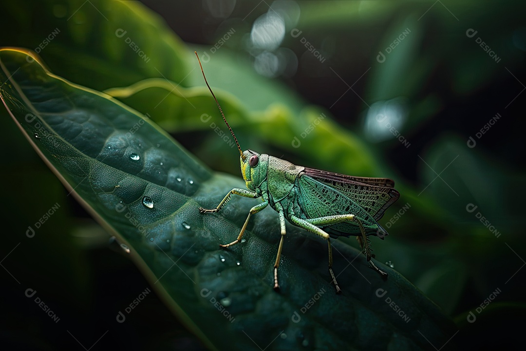 Gafanhoto sereno em jardim exuberante.