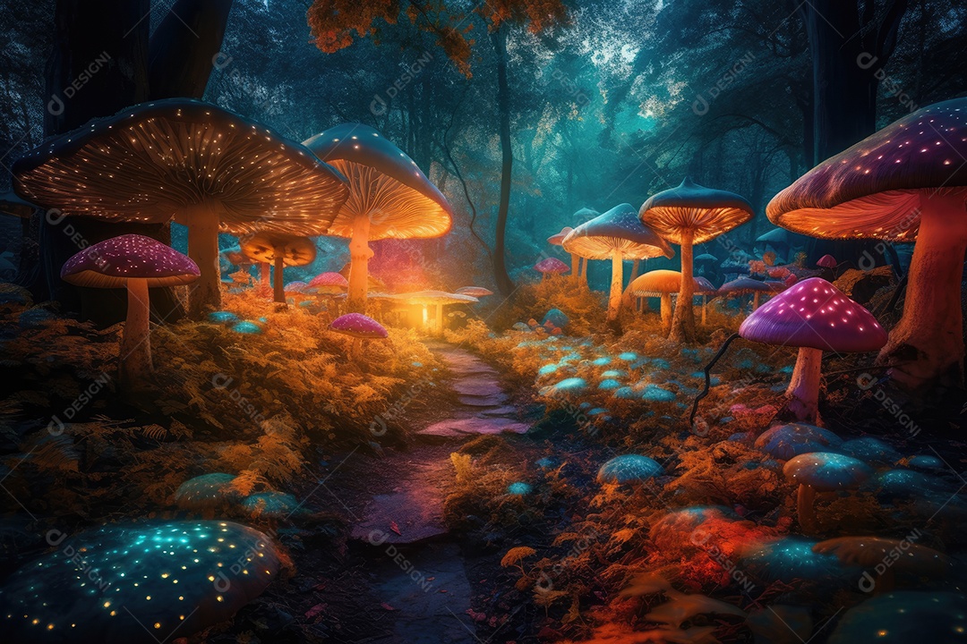 Campo mágico de cogumelos coloridos e luminosos com fadas dançantes.