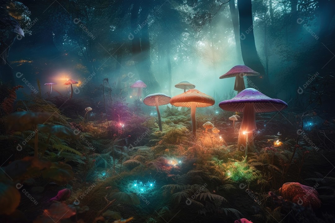 Campo mágico de cogumelos coloridos e luminosos com fadas dançantes.